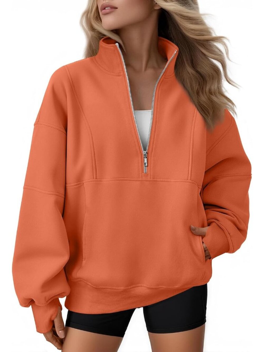 〽️Women's Orange Quarter Zip Oversized Fleece Mock Neck Pullover Hoodie Jacket